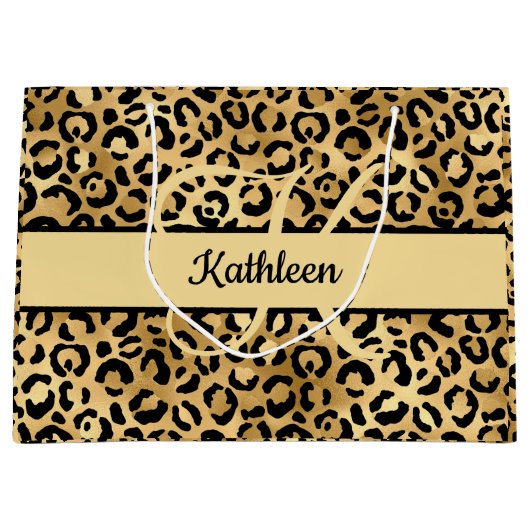 Monogram naam Zwart Gold Leopard Print Cheetah Groot Cadeauzakje (Voorkant)