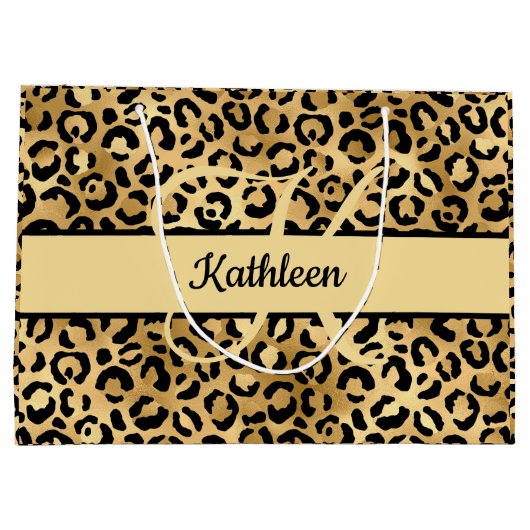 Monogram naam Zwart Gold Leopard Print Cheetah Groot Cadeauzakje (Achterkant)