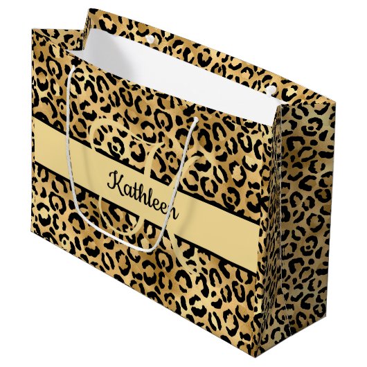 Monogram naam Zwart Gold Leopard Print Cheetah Groot Cadeauzakje (Voorkant Gekanteld)