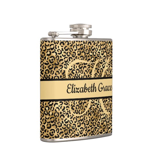 Monogram naam Zwart Gold Leopard Print Cheetah Heupfles (Rechts)