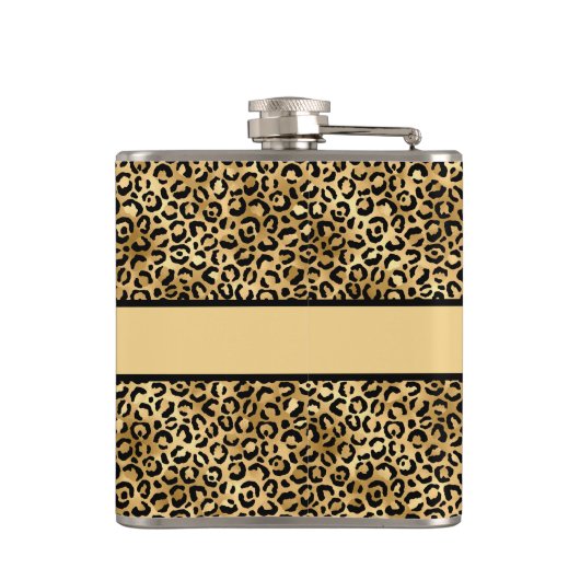 Monogram naam Zwart Gold Leopard Print Cheetah Heupfles (Achterkant)