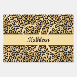Monogram naam Zwart Gold Leopard Print Cheetah Inpakpapier Vel
