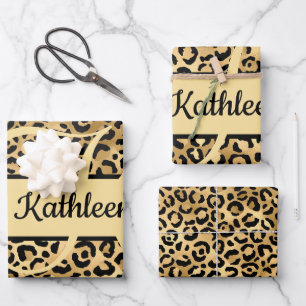 Monogram naam Zwart Gold Leopard Print Cheetah Inpakpapier Vel