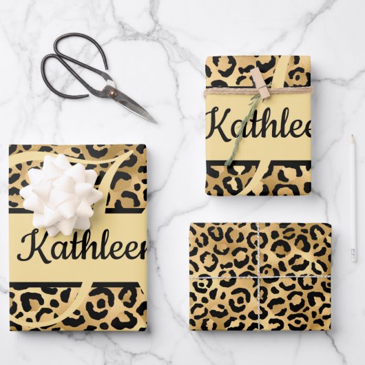 Monogram naam Zwart Gold Leopard Print Cheetah Inpakpapier Vel (Voorkant)
