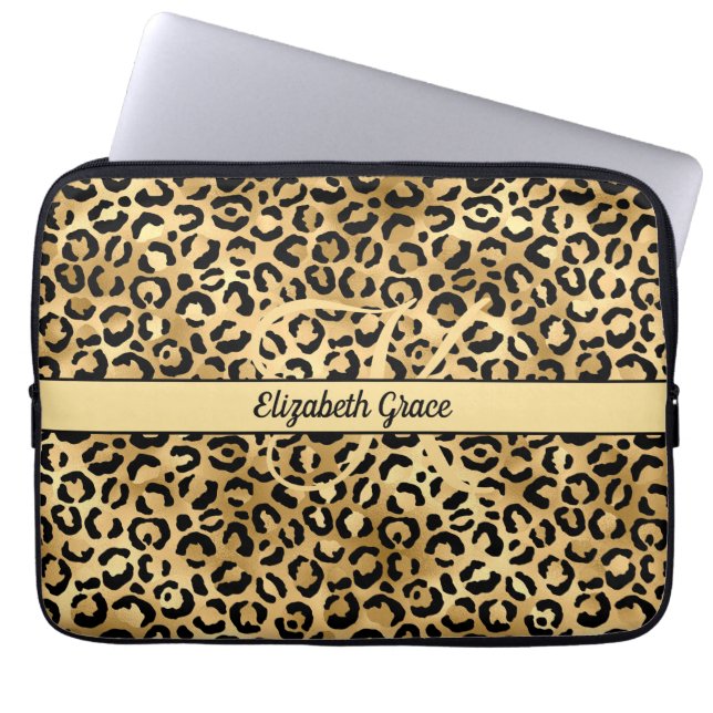 Monogram naam Zwart Gold Leopard Print Cheetah Laptop Sleeve (Voorkant)