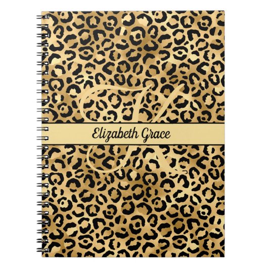 Monogram naam Zwart Gold Leopard Print Cheetah Notitieboek (Voorkant)