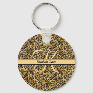 Monogram naam Zwart Gold Leopard Print Cheetah Sleutelhanger