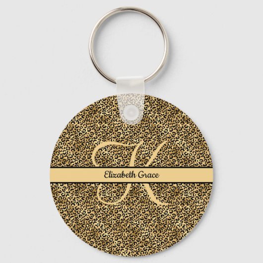 Monogram naam Zwart Gold Leopard Print Cheetah Sleutelhanger (Voorkant)
