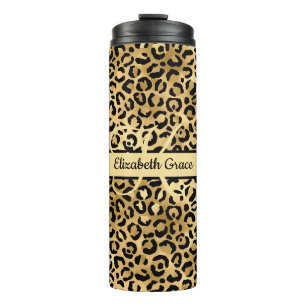 Monogram naam Zwart Gold Leopard Print Cheetah Thermosbeker