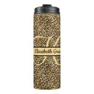 Monogram naam Zwart Gold Leopard Print Cheetah Thermosbeker