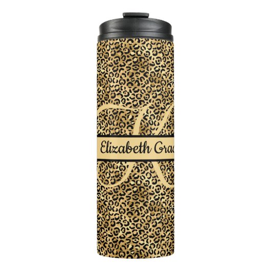Monogram naam Zwart Gold Leopard Print Cheetah Thermosbeker (Voorkant)