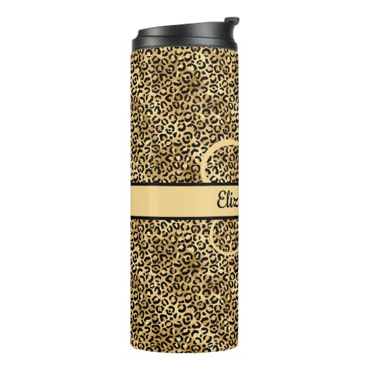 Monogram naam Zwart Gold Leopard Print Cheetah Thermosbeker (Gedraaid links)