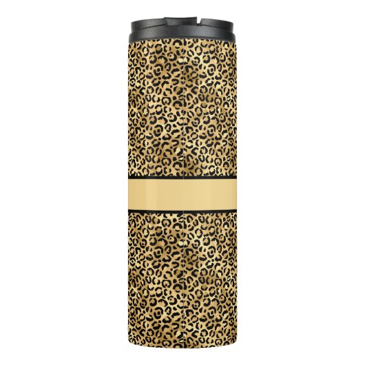 Monogram naam Zwart Gold Leopard Print Cheetah Thermosbeker (Achterkant)
