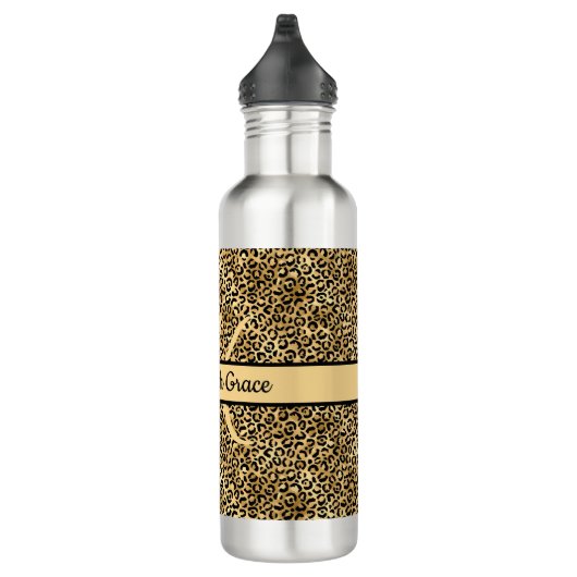Monogram naam Zwart Gold Leopard Print Cheetah Waterfles (Rechts)