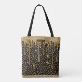 Monogram Naam Zwart Goud Druppelende Glitters Glam Tote Bag (Achterkant)