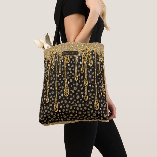 Monogram Naam Zwart Goud Druppelende Glitters Glam Tote Bag (Dichtbij)