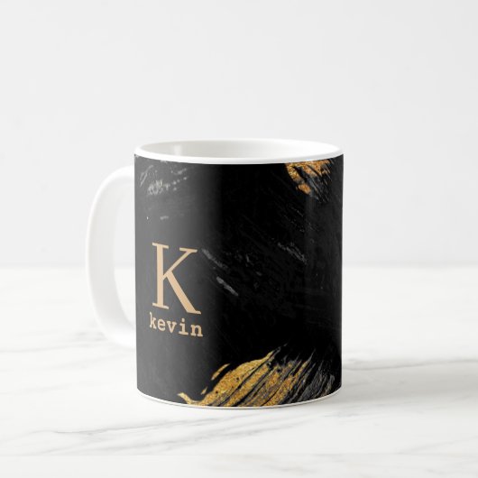 Monogram naam zwart goud elegant koffiemok (Voorkant links)