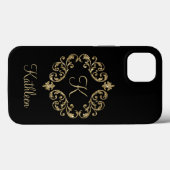 Monogram naam Zwart goud Glitter Damask Flourish Case-Mate iPhone Case (Achterkant (horizontaal))