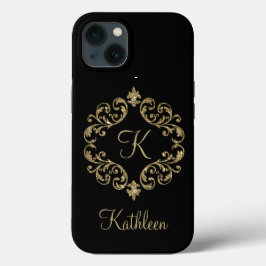 Monogram Naam Zwart Goud Glitter Damast Bloemmotie Case-Mate iPhone Case