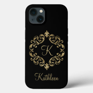 Monogram Naam Zwart Goud Glitter Damast Bloemmotie Case-Mate iPhone Case