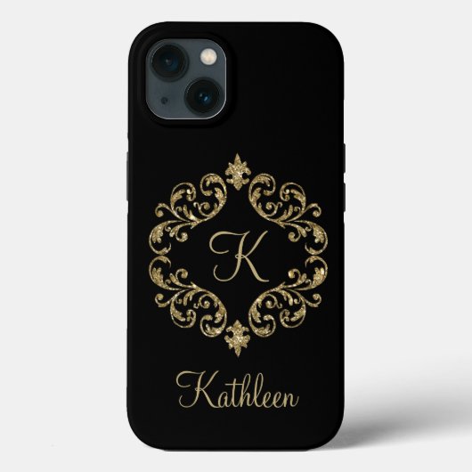 Monogram Naam Zwart Goud Glitter Damast Bloemmotie Case-Mate iPhone Case (Achterkant)
