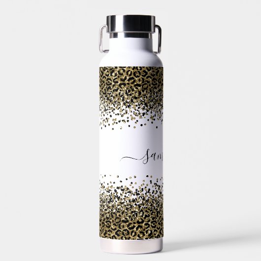 Monogram Naam Zwart Goud Luipaard Print Chique Tre Waterfles (Voorkant)