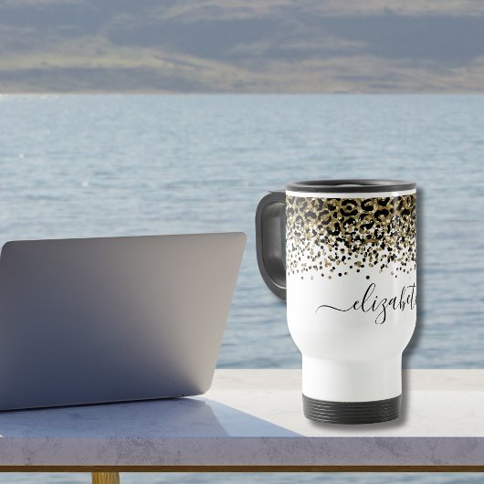 Monogram Naam Zwart Goud Luipaardprint Chic Trend Mok