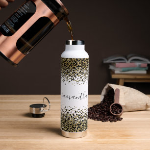 Monogram Naam Zwart Goud Luipaardprint Chic Trend Waterfles