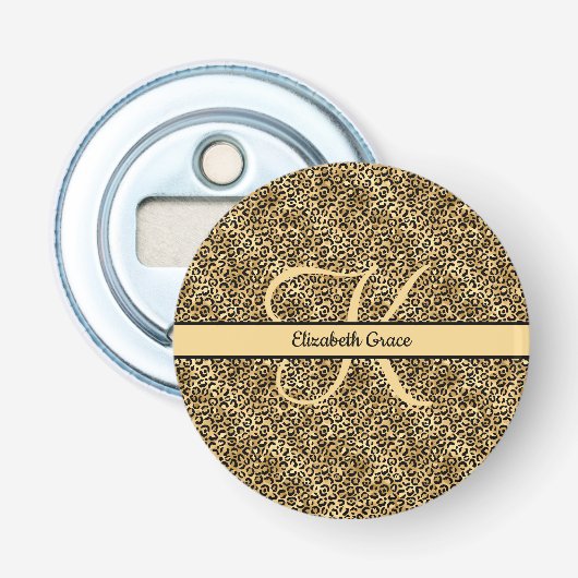 Monogram Naam Zwart Goud Luipaardprint Jachtluipaa Button Flesopener (Voorkant)