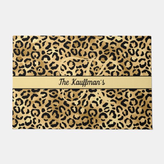 Monogram Naam Zwart Goud Luipaardprint Jachtluipaa Deurmat (Voorkant)