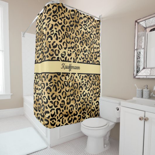 Monogram Naam Zwart Goud Luipaardprint Jachtluipaa Douchegordijn (In situ)