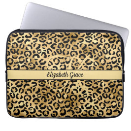 Monogram Naam Zwart Goud Luipaardprint Jachtluipaa Laptop Sleeve