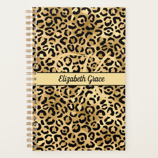 Monogram Naam Zwart Goud Luipaardprint Jachtluipaa Planner (Voorkant)