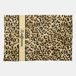 Monogram Naam Zwart Goud Luipaardprint Jachtluipaa Theedoek