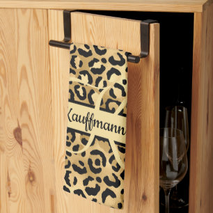 Monogram Naam Zwart Goud Luipaardprint Jachtluipaa Theedoek