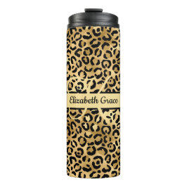 Monogram Naam Zwart Goud Luipaardprint Jachtluipaa Thermosbeker