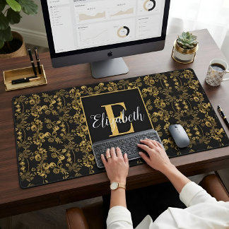 Monogram Naam Zwart Goud Royal Barok Damast Bureaumat