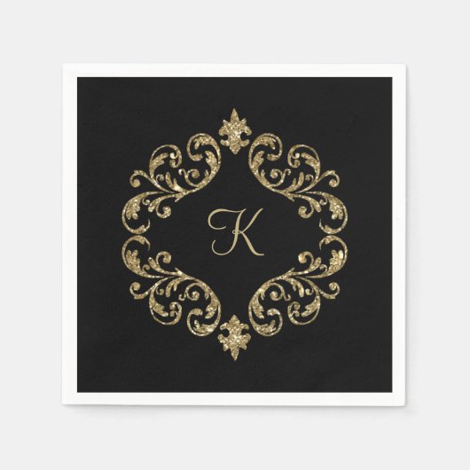 Monogram Naam Zwart Goud Trouw Formal Feest Servet (Voorkant)