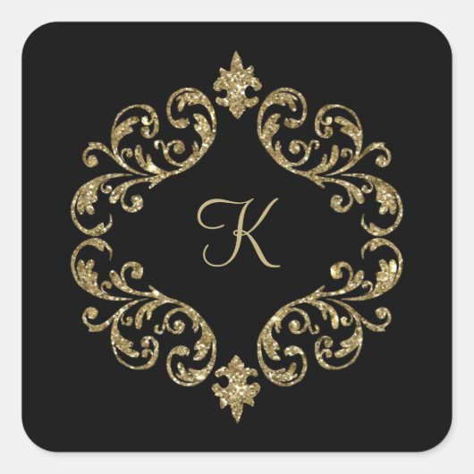 Monogram Naam Zwart Goud Trouwfeest Formele Feest Vierkante Sticker (Voorkant)