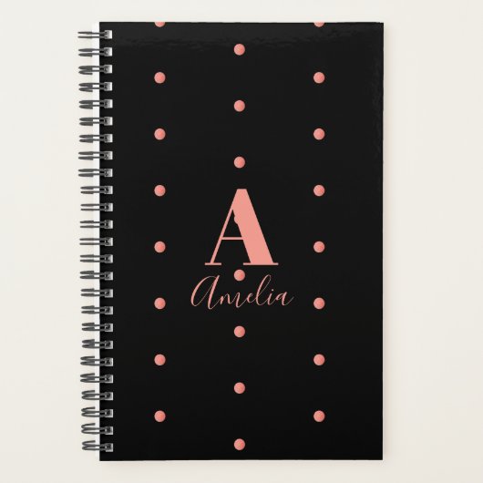 Monogram naam Zwart Roos Gold Polka Dot Planner (Voorkant)