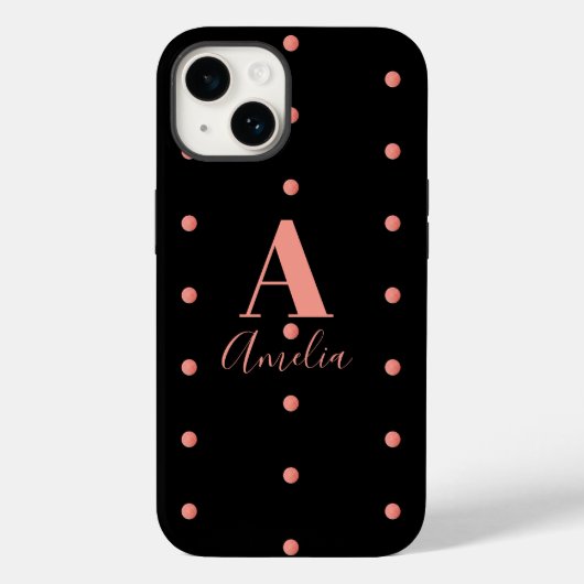 Monogram naam Zwart Roos Gold Polka Dots Case-Mate iPhone Case (Achterkant)