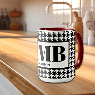 Monogram-Naam Zwart & Wit Houndstooth 15oz Combo Mok