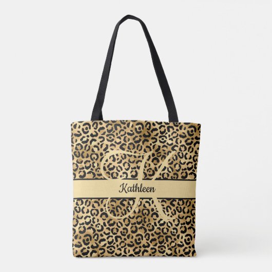 Monogram naam zwarte goudluipaard tote bag (Achterkant)