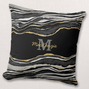 Monogram naam Zwarte marmer Agate Gold Glitter Kussen