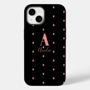 Monogram Naam Zwarte Roos Gouden Stippen iPhone 14 Hoesje