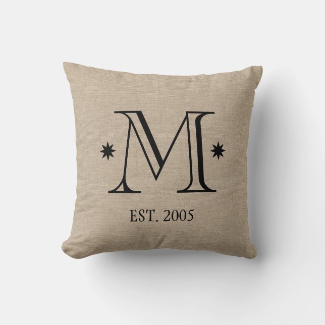 Monogram namaak linnen jute rustoord initial datum kussen (Voorkant)