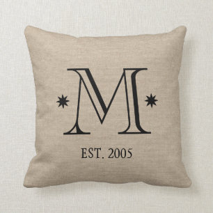 Monogram namaak linnen jute rustoord initial datum kussen