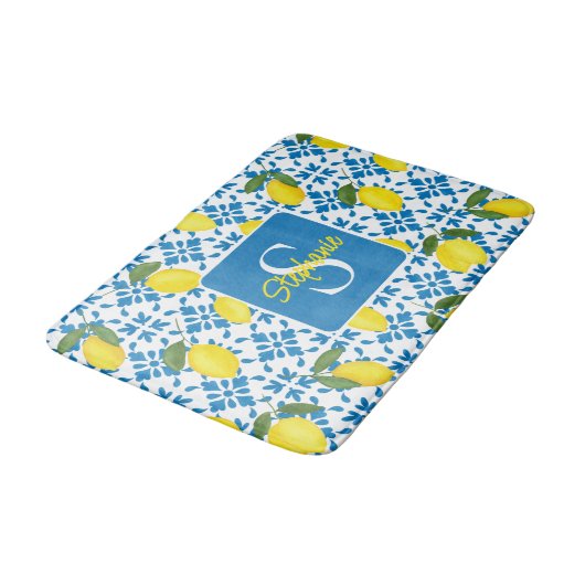 Monogram Name Blue French Tile Lemon Pattern Badmat (Gekanteld)