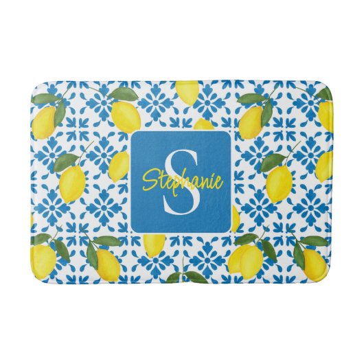 Monogram Name Blue French Tile Lemon Pattern Badmat (Voorkant)