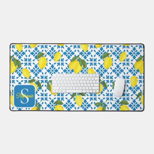 Monogram Name Blue French Tile Lemon Pattern Bureaumat (Keyboard & Muis)